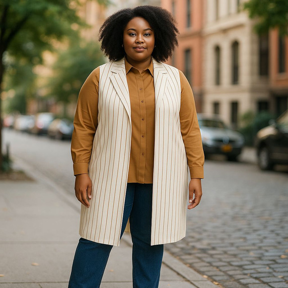 Chico's Elongated Ponte Ecru and Khaki Stripe Vest Coat Size 3 or XL or 16/18 - Picture 1 of 15